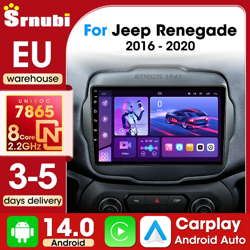 Srnubi Carplay sans fil pour Jeep Renegade 2016 2017 2018 2018 2020 Android Auto 9 pouces Autoradio Lecteur multimédia Navigation GPS 2 Din UIS7865 Écran QLED Bouton lumineux