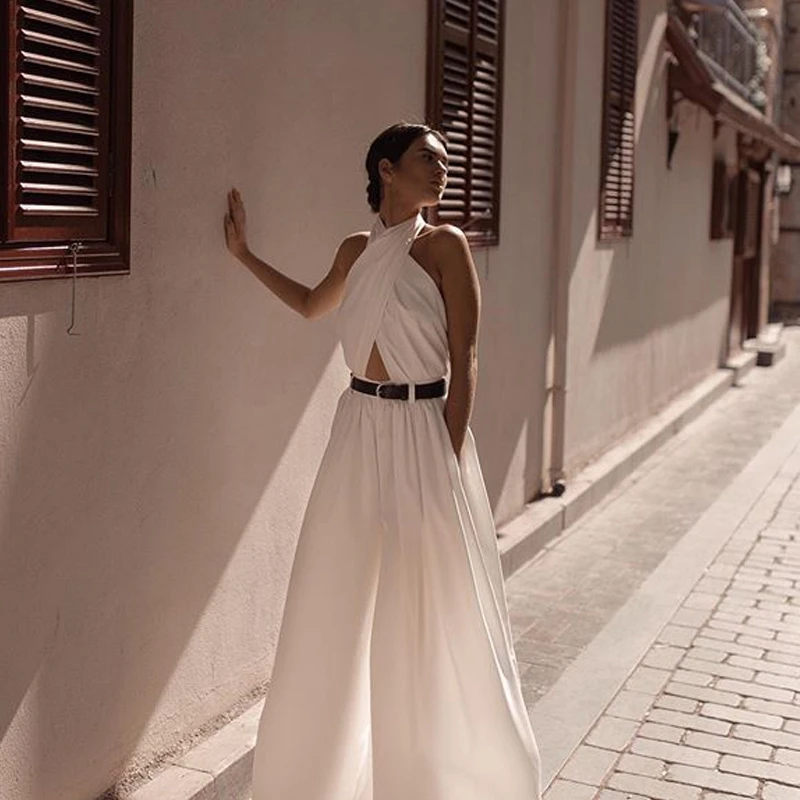 

2021 Summer Women's Jumpsuit Sexy Sleeveless Halter Jumpsuit White Backless Pants Temperament Elegant Wide Leg Pants L