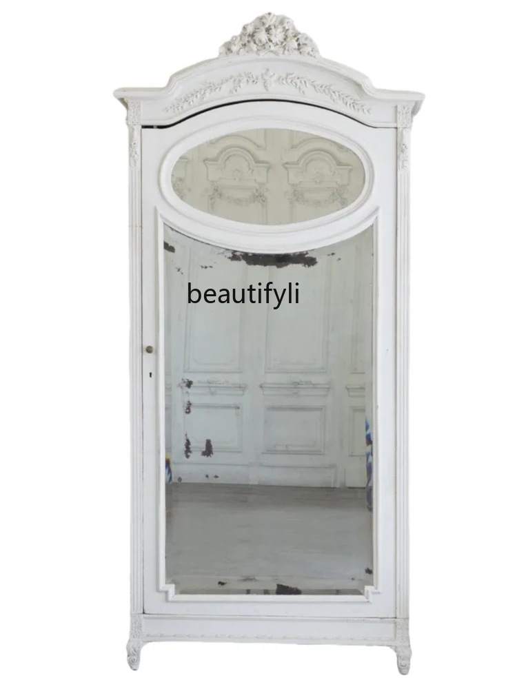 

French solid wood carving flower wardrobe American retro bedroom with mirror single door locker