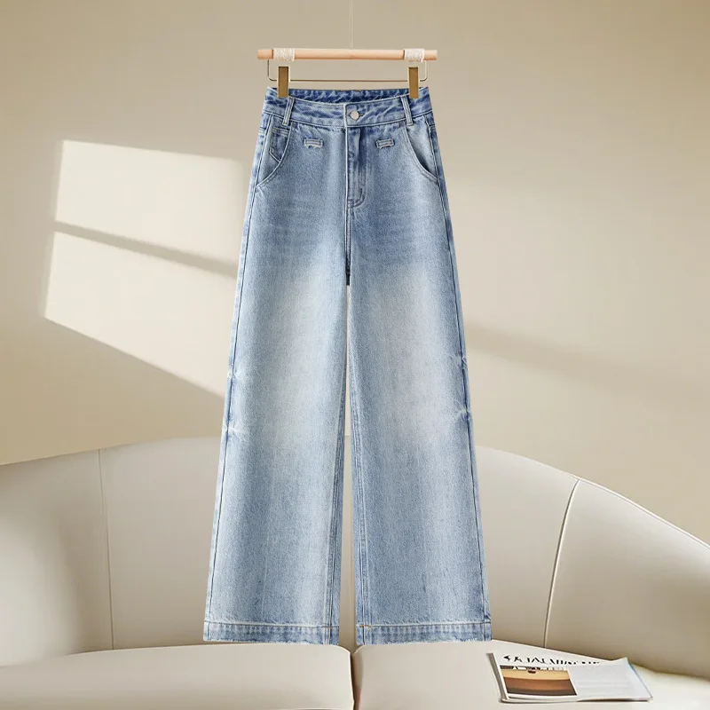أزياء ضوء اللون واسعة الساق الجينز الخريف الساخن الأمريكية الرجعية عالية الخصر التخسيس فضفاض السراويل المستقيمة #1