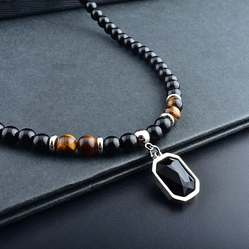 2023 Collar Hombre Fadeless Stainless Steel Necklace Men Natural Tiger Eye Stone Beaded Necklace For Men Jewelry Collier Homme