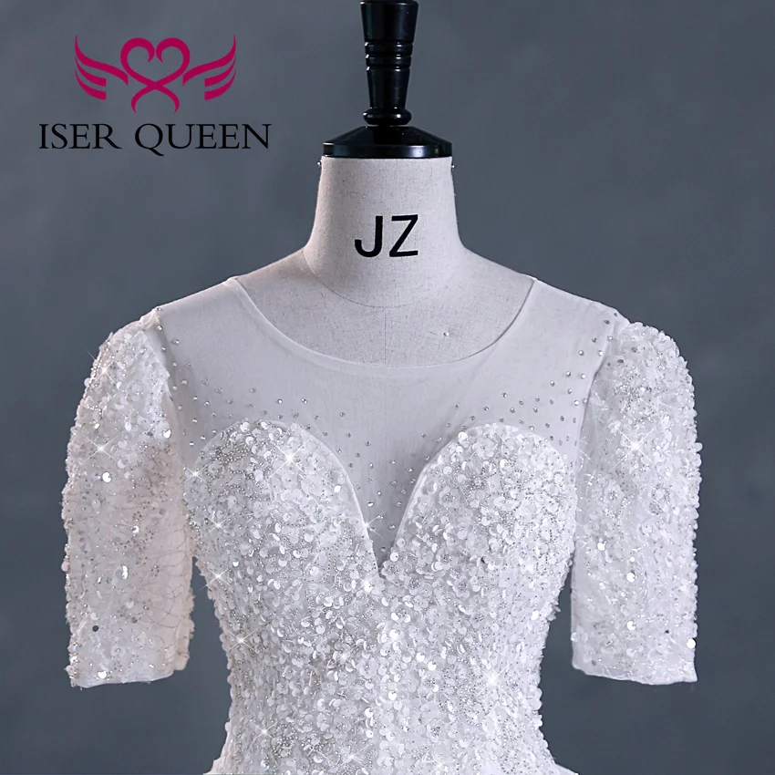 Customized hollow Back Sequin Tulle Luxury Wedding Dresses 2026 Chapel Train Short Sleeves Ivory Champagne Bride Dress WX0293