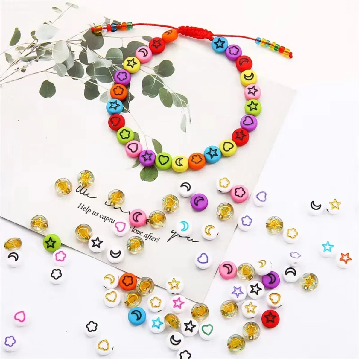 100-500PCS Mixed Moon Star Flower Heart Bead Acrylic Round Flat Spacer Bead For Jewelry Making Diy Bracelet Necklace Accessories