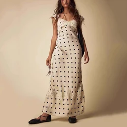 Lace Mesh Splicing V-Neck Women's Dress Y2k Polka Dot Pattern Back Hollow Out Commuter Hundred Long Dresses 2024 Summer New