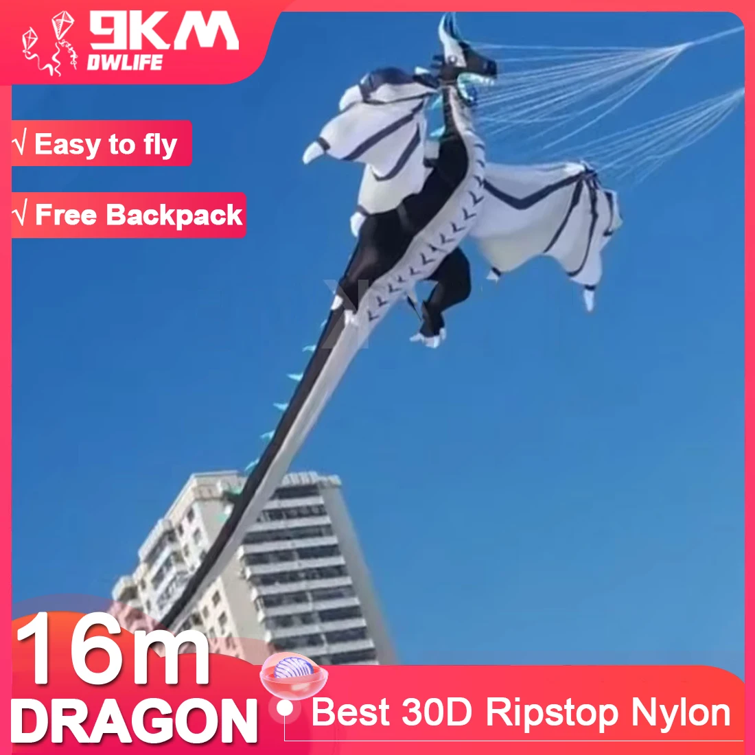 

9KM 16m Giant Dragon Kite Line Laundry Soft Inflatable Show Kite for Kite Festival 30D Ripstop Nylon with Bag