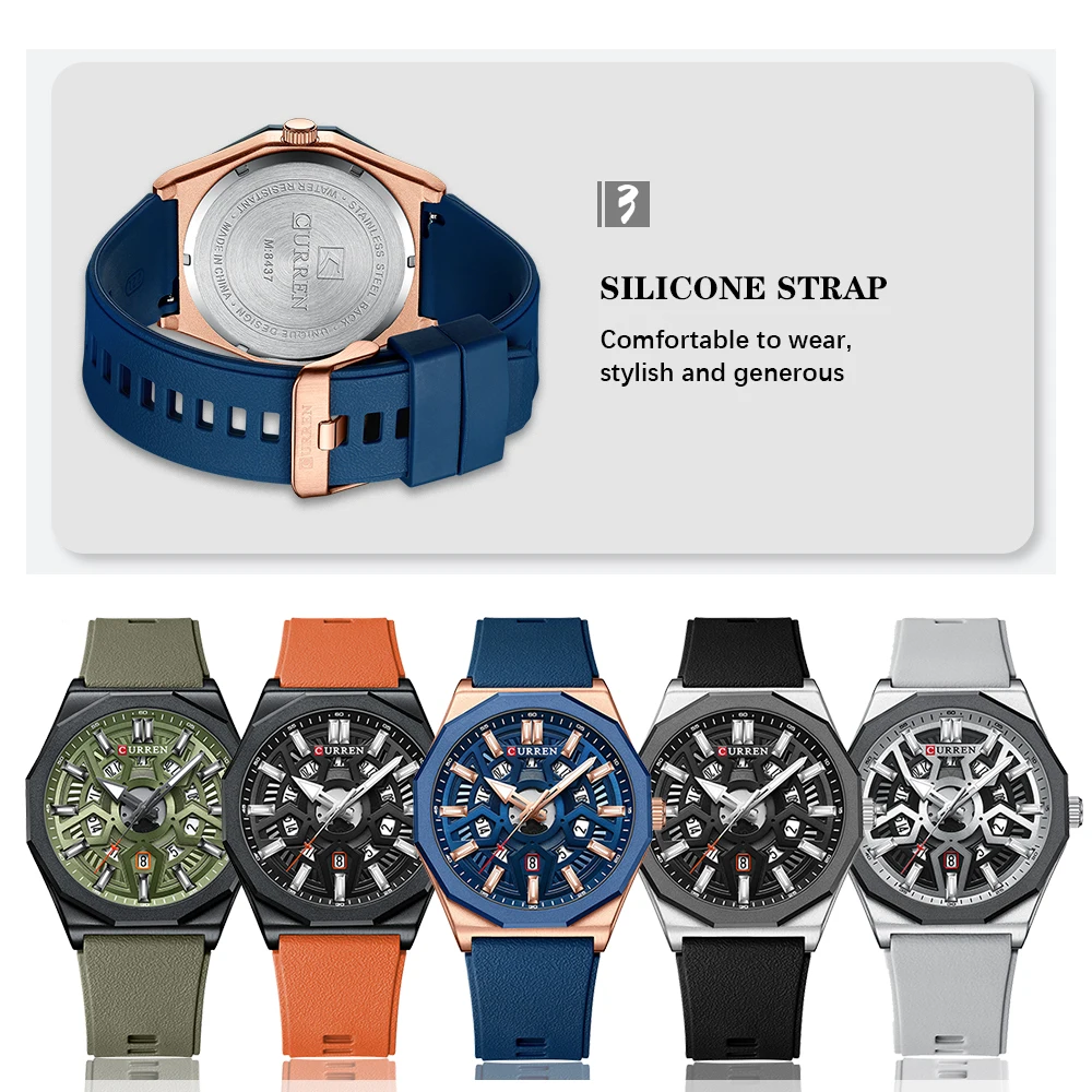 CURREN Men Fashion Creative Quartz Watches with Silicone Strap New Casual Hollow Date Wristwatches for Male Luminous Hands