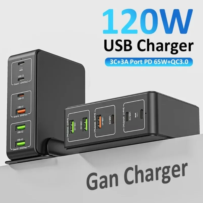 マルチポート充電器-120w-6ポート-usb-c-pd30-急速充電ステーション-qc30-pps-デスクトップドック-iphone-samsung-xiaomi対応-スマートブラック