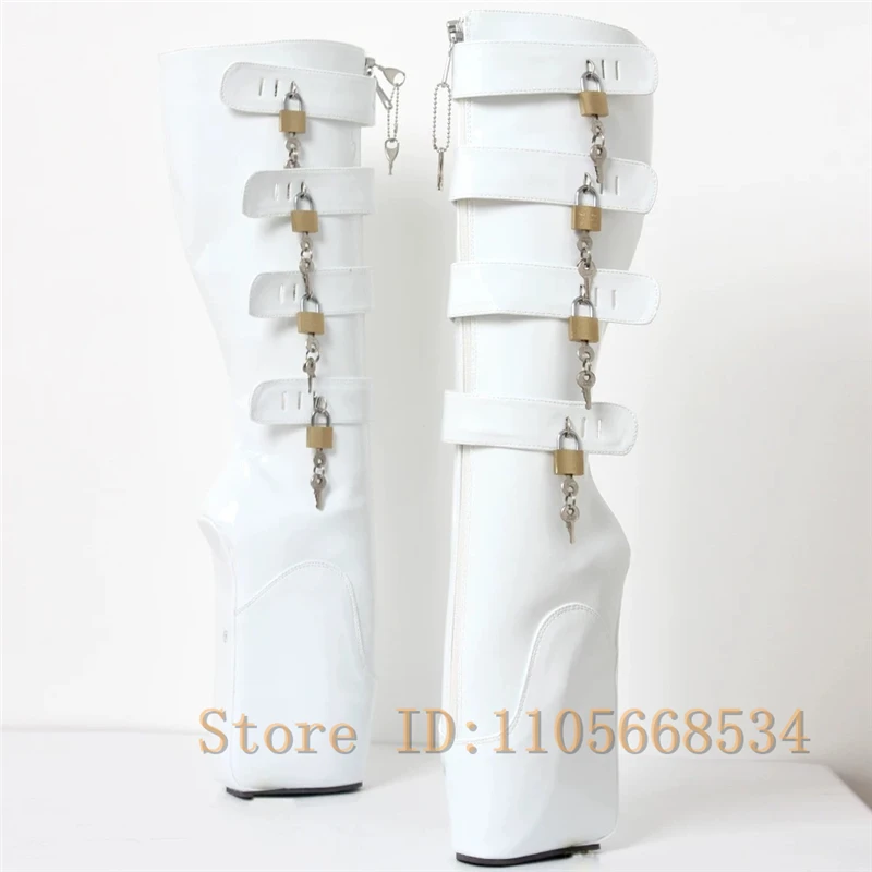 Shiny Patent Leather Knee High Platform Ballet Boots Buckle Straps Gothic Cosplay Booties for Pole Dancing Stage Club Perform