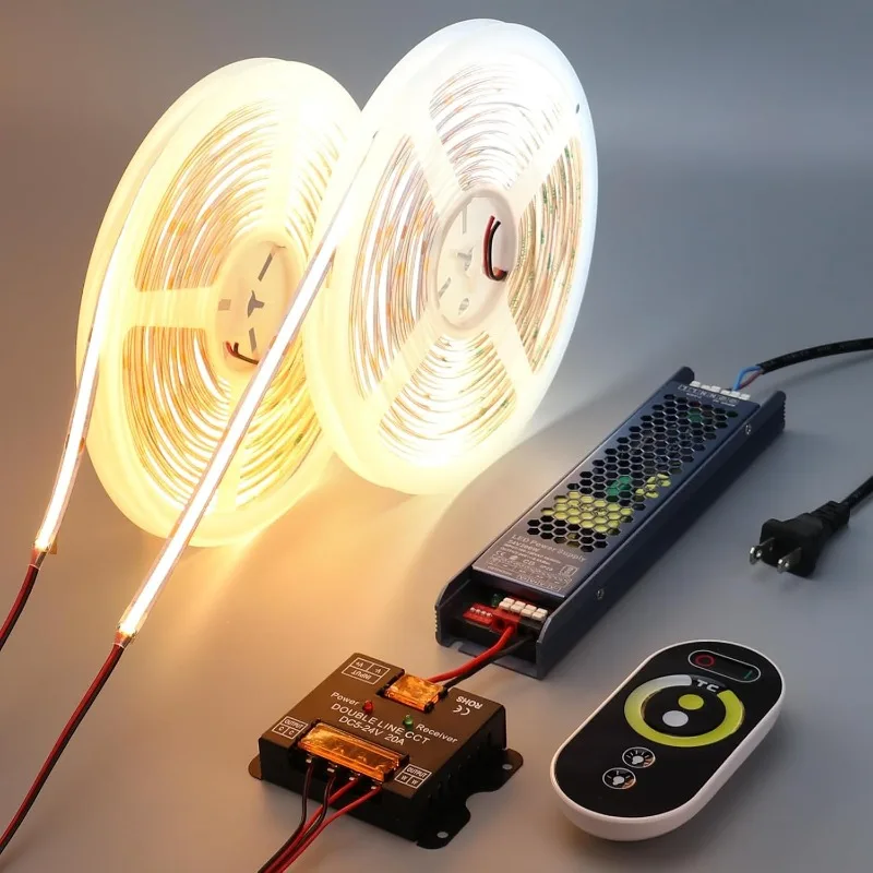 

24V CCT COB LED Strip Light Kit 65.6ft (2 Rolls of 32.8ft), 2700K-6500K Dimmable White Cuttable LED Tape Lights CRI 93 with Remo