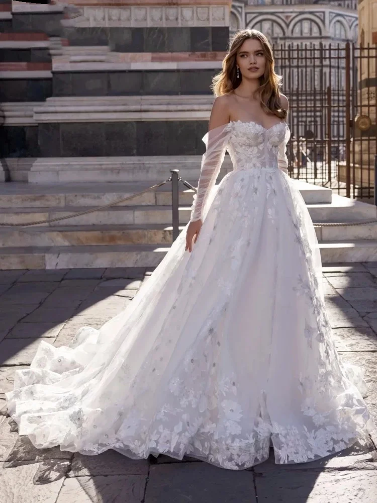 

Graceful Off The Shoulder 2025Wedding Dress Classic Lace Appliques Bridal Gown Sparkly A-line Bride Robe Robe De Mariée Customiz