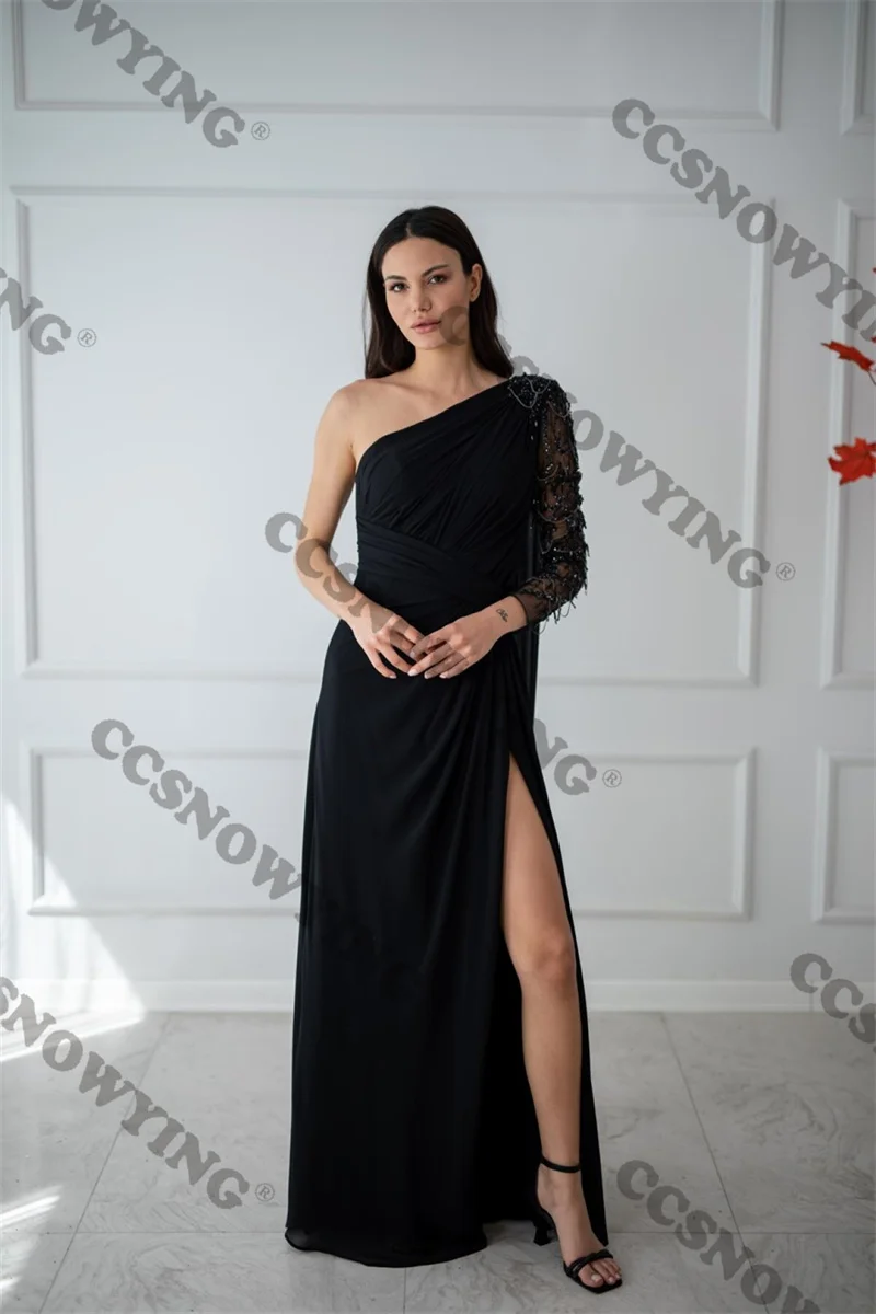 

Elegant Chiffon Beaded Prom Dress High Slit Evening Dresses One Shoulder Formal Party Gown Women Robe De Soiree