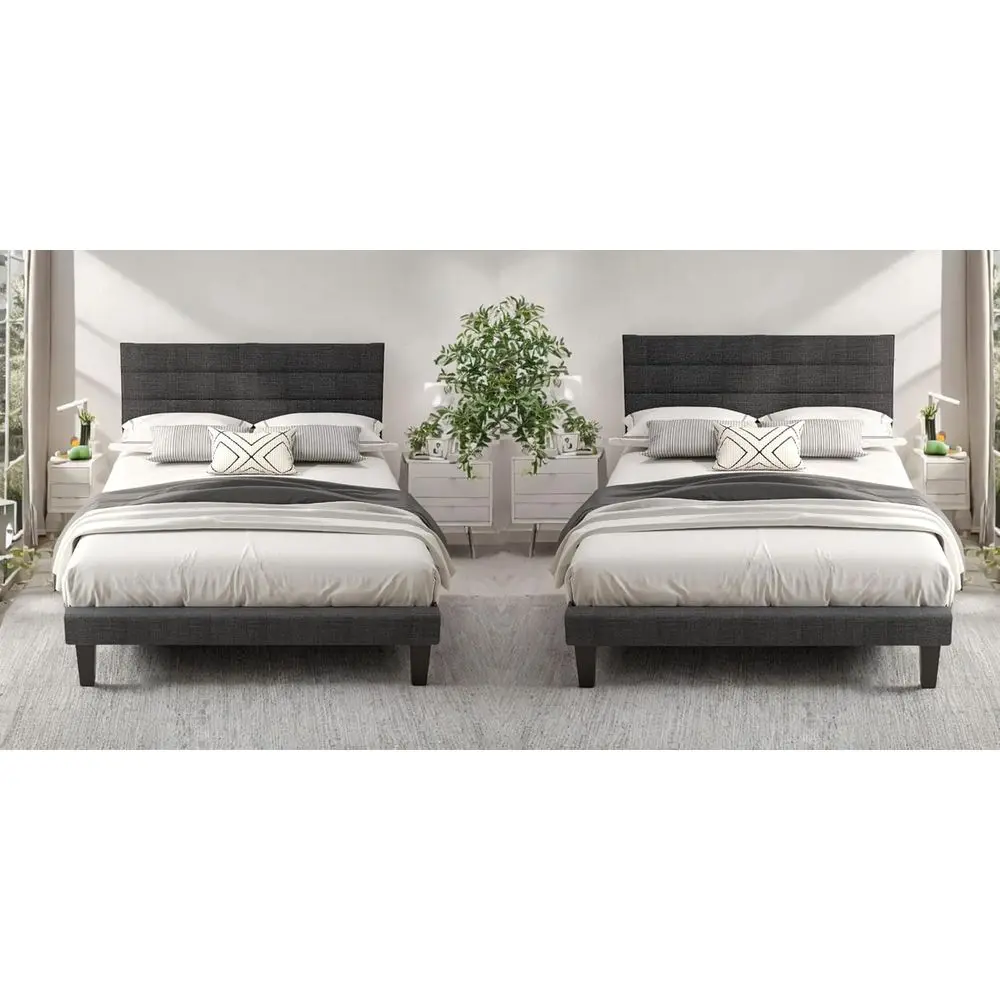 

Twin Beds for Kids with Upholstered Mattresses, Cozy Linen, Wooden Slat Support, Gray