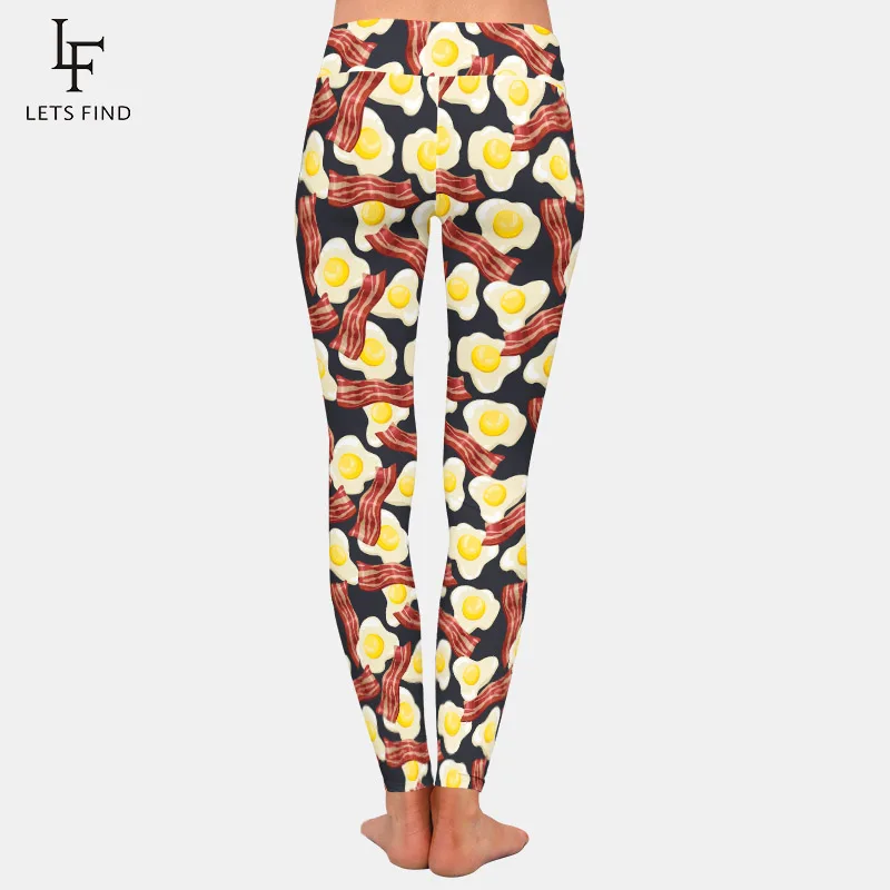 LETSFIND-Leggings con estampado de huevos fritos y Bacon para mujer, pantalones ajustados elásticos de cintura alta para Fitness