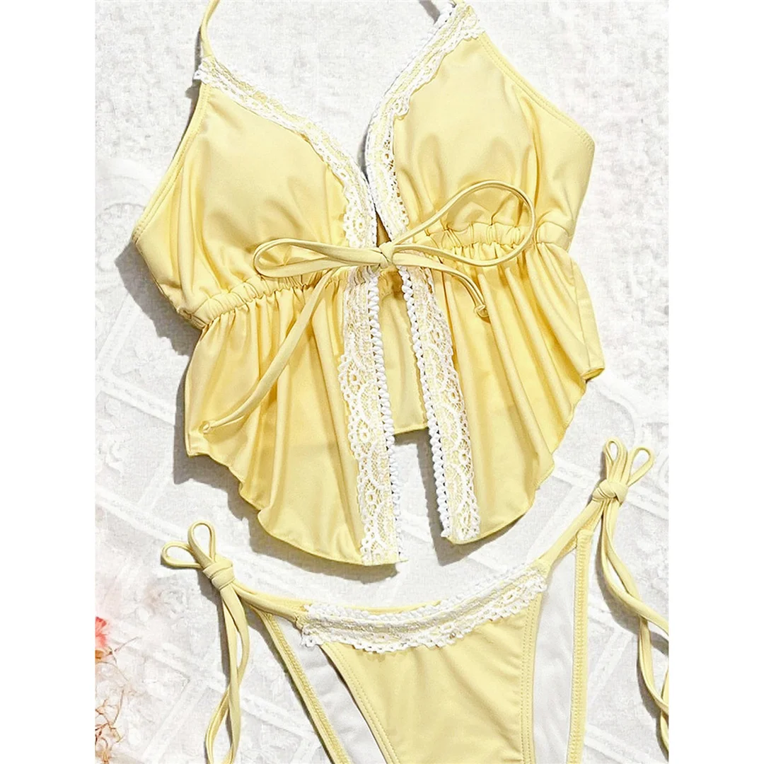 Sexy Spitzen-Halter-Tankini mit hohem Beinausschnitt, Damen-Bikini, zweiteiliger Badeanzug, Badebekleidung, Badeanzug, Modell V8157. – Detail 6