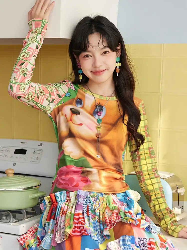 

HOUZHOU Plaid Dog Graphic Juminocore T-Shirts Women Y2K Harajuku Kawaii Long Sleeve Tees Vintage Japanese Slim Cute Aesthetic