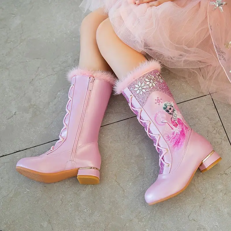 

Disney girls cartoon pink frozen boot elsa princess Fashion boots plus velvet children's shoes