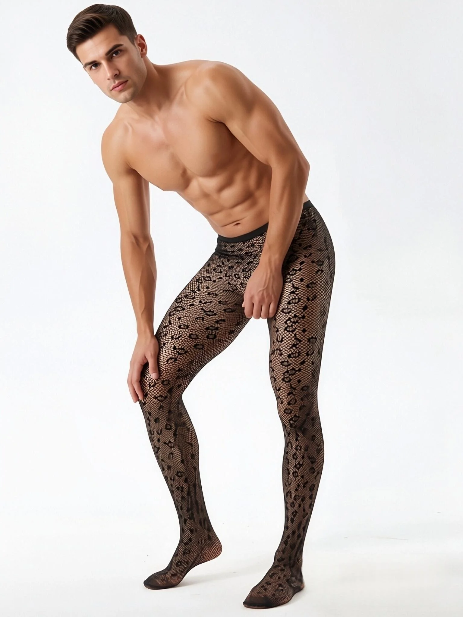 Men Fishnet Tights Bow Star Floral Pattern Mesh Pantyhose Stretch See Through Full Length Hosiery Male Club Party intimate view 5