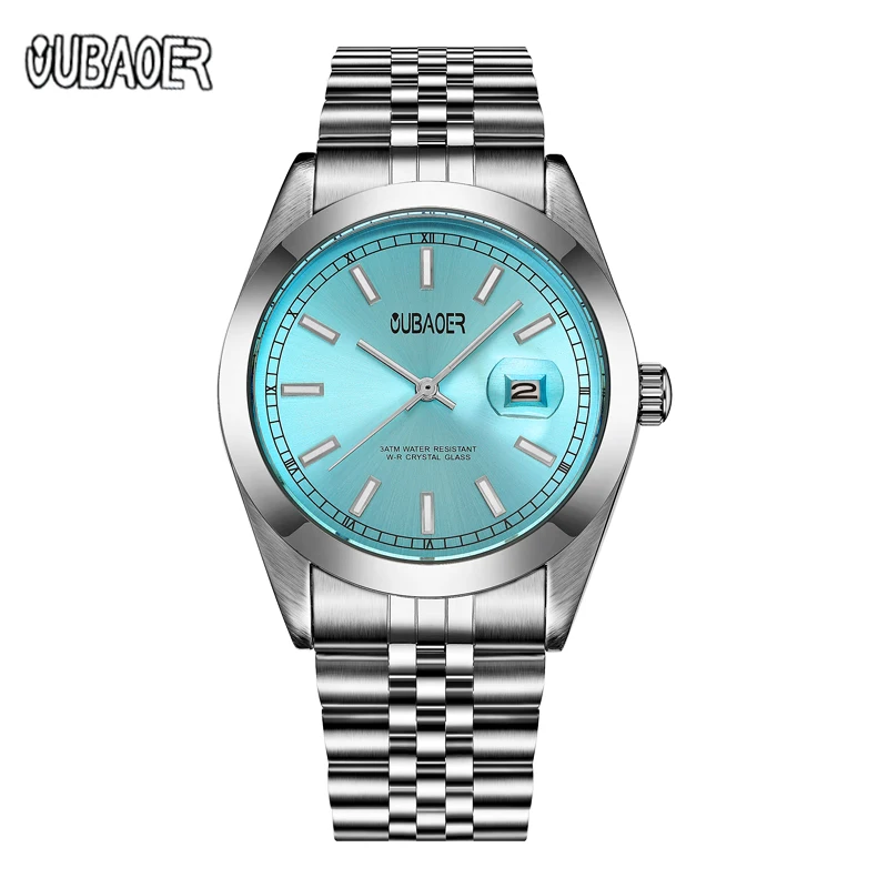 

OUBAOER Silver Case Blue Dial Stainless Steel Strap Classic Men's Quartz Watch Male Sports Waterproof Multifunctional Wristwatch