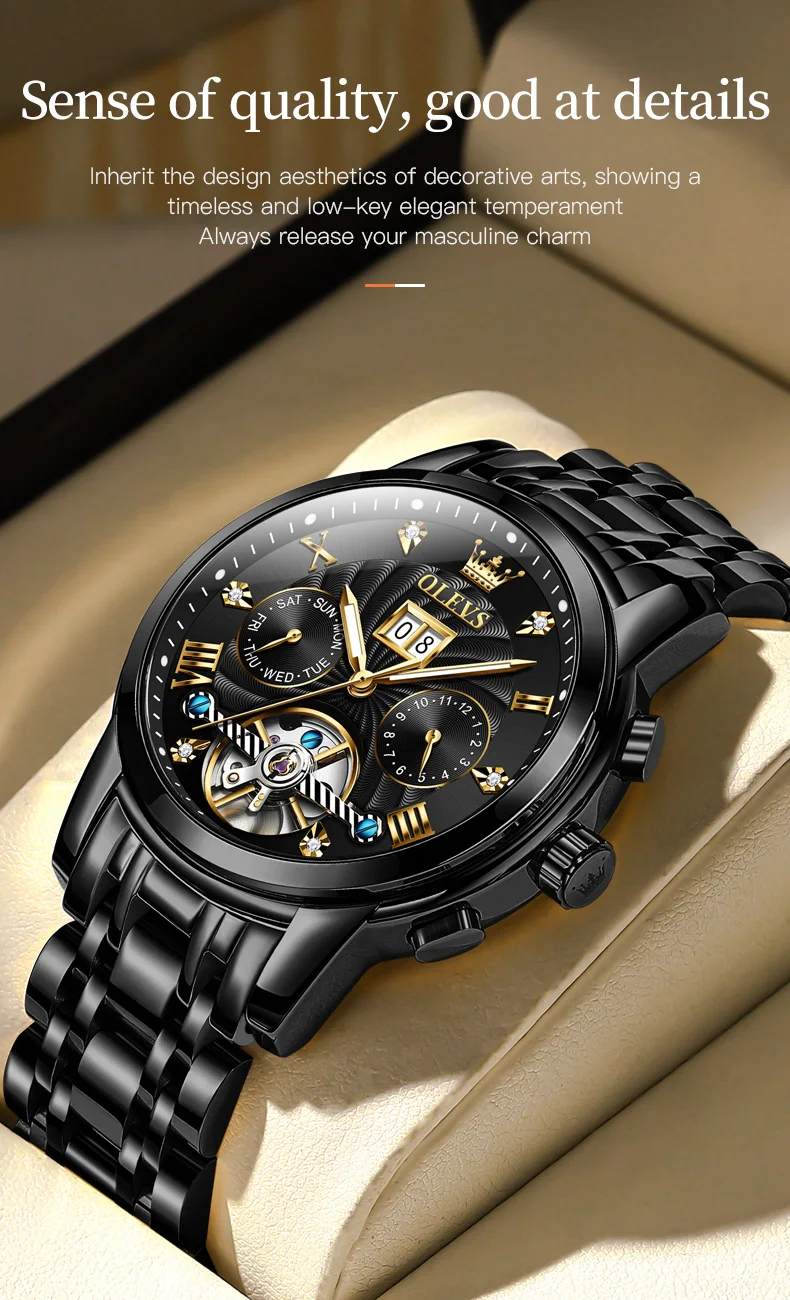 OLEVS 9910 Brand Original Authentic Watches for Man Luxury Gift Box Steel Belt Multifunctional Tourbillon Mechanical Men's Watch