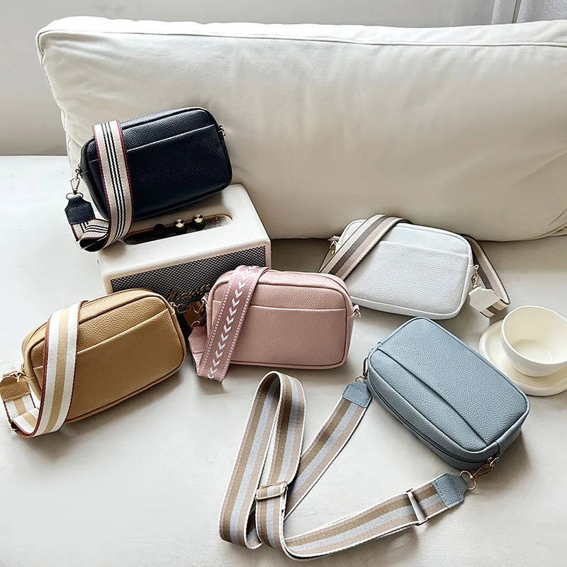 

Solid Classic Purses and Handbags Women Wide Fabric Strap Crossbody Bag Ladies Luxury Daily Use Zipper Shoulder Bags