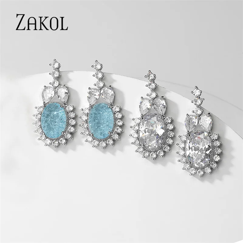 ZAKOL Fashion Light Blue Oval Drop Earrings Shiny Burst Cubic Zirconia Women Earring for Bridal Wedding Party Jewelry