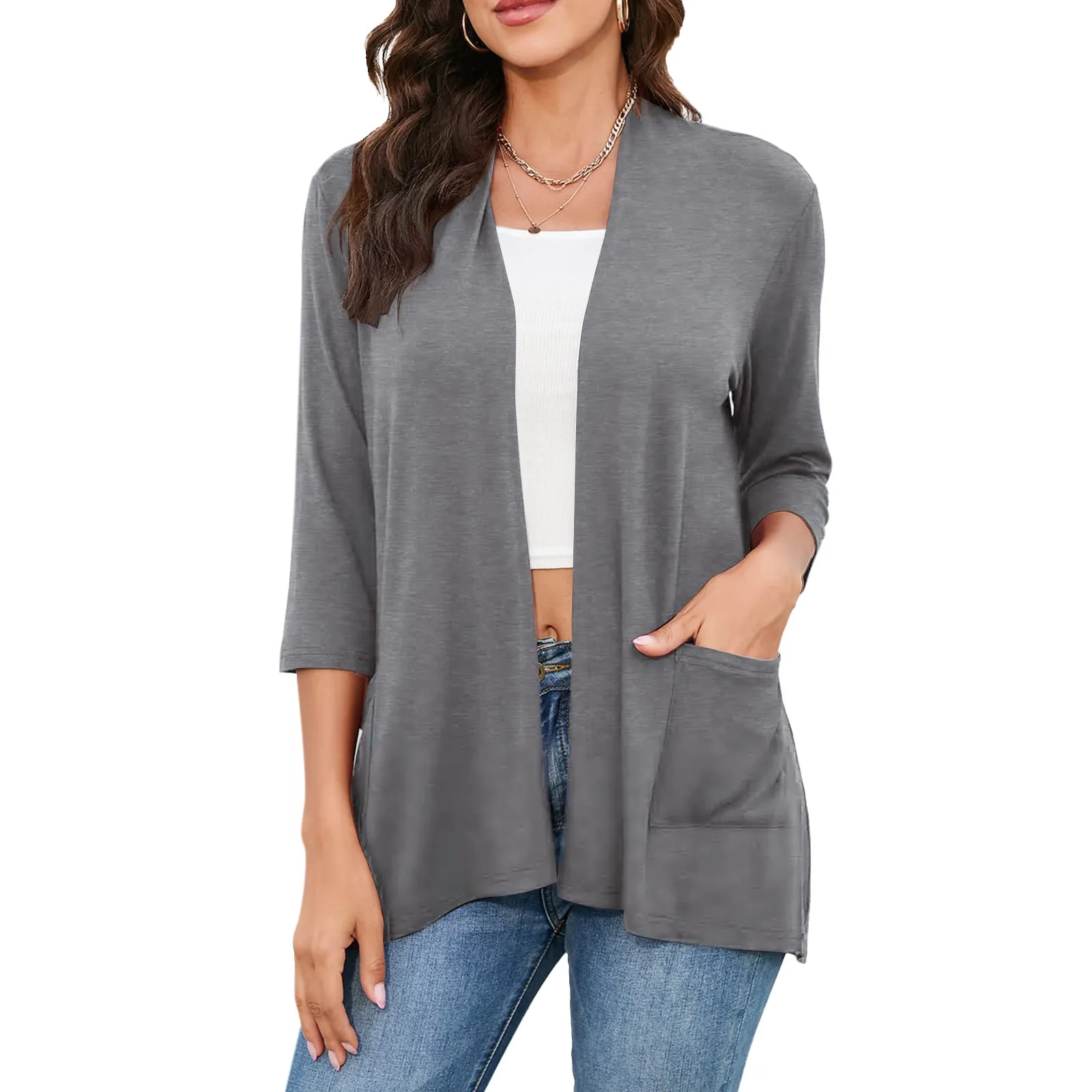 

Women Cardigans Solid Color Open Front V-neck Long Pocket Knitted Cardigan Sweater For Women Casual Loose Outwear Tops 2024