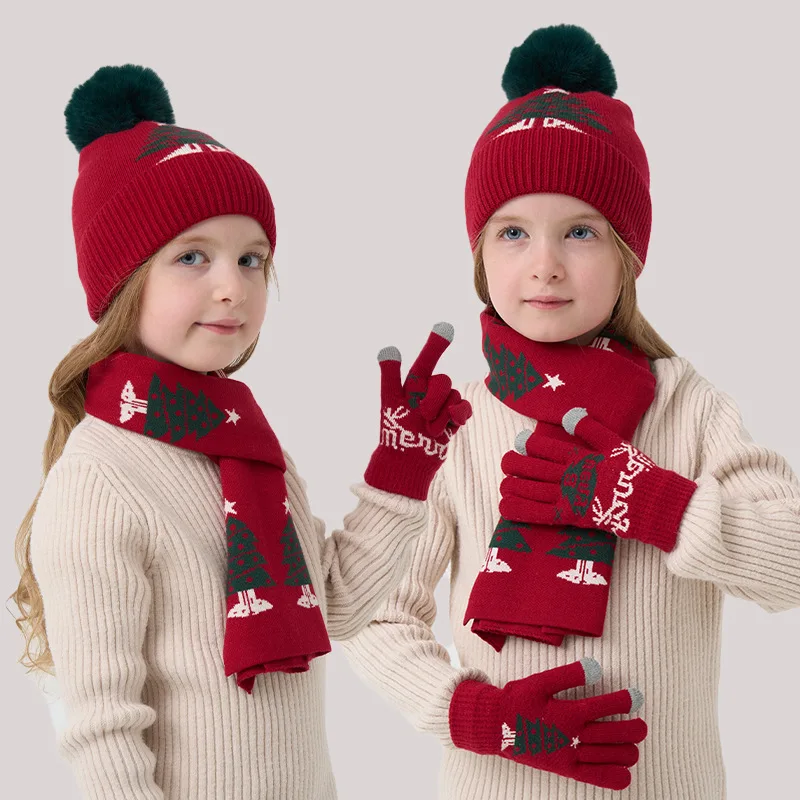 

3 шт., рождественский комплект зимних шапок для детей, вязаные детские шапки, шарф, перчатки, костюм, детская шапка с помпоном, подарок на Новый год, От 4 до 10 лет