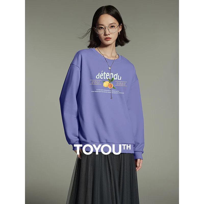 

Toyouth Women Fleece Sweatshirt 2023 Winter Long Sleeve Round Neck Loose Fruit Printing Casual Versatile Warm Pullovers Tops