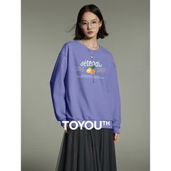 Toyouth Women Fleece Sweatshirt 2023 Winter Long Sleeve Round Neck Loose Fruit Printing Casual Versatile Warm Pullovers Tops