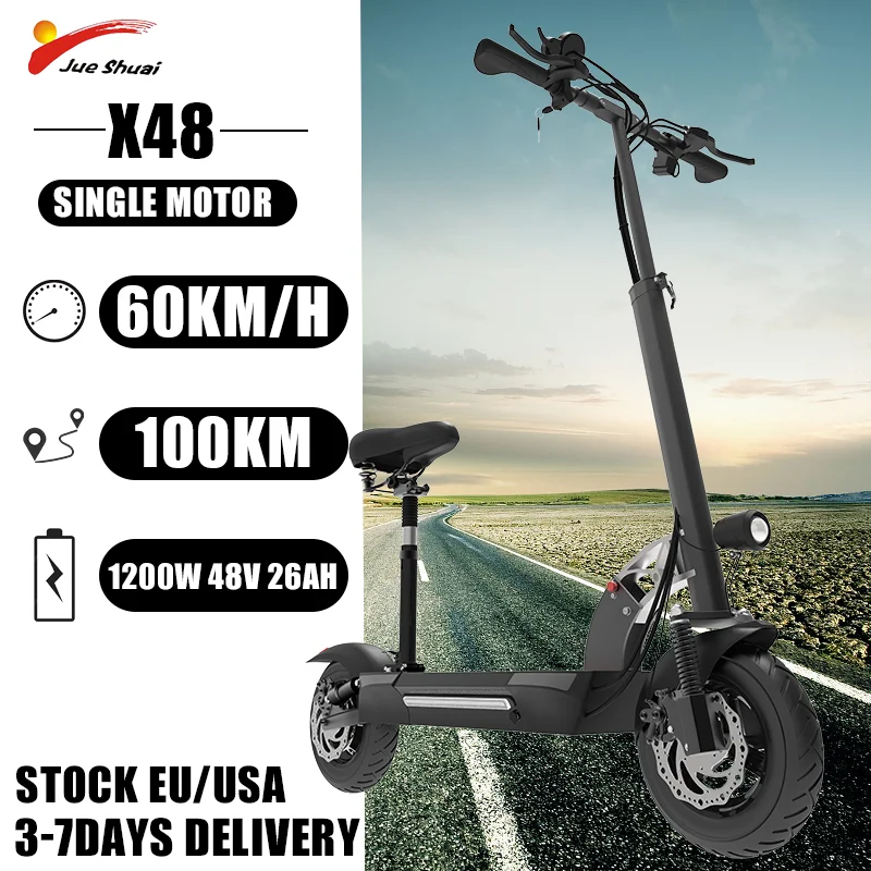 

X48 48V 26AH Электрический самокат 1200W с одним двигателем E Scooter с сиденьем 60 км/ч 10-дюймовая уличная шина для взрослых 100 км дальнего действия