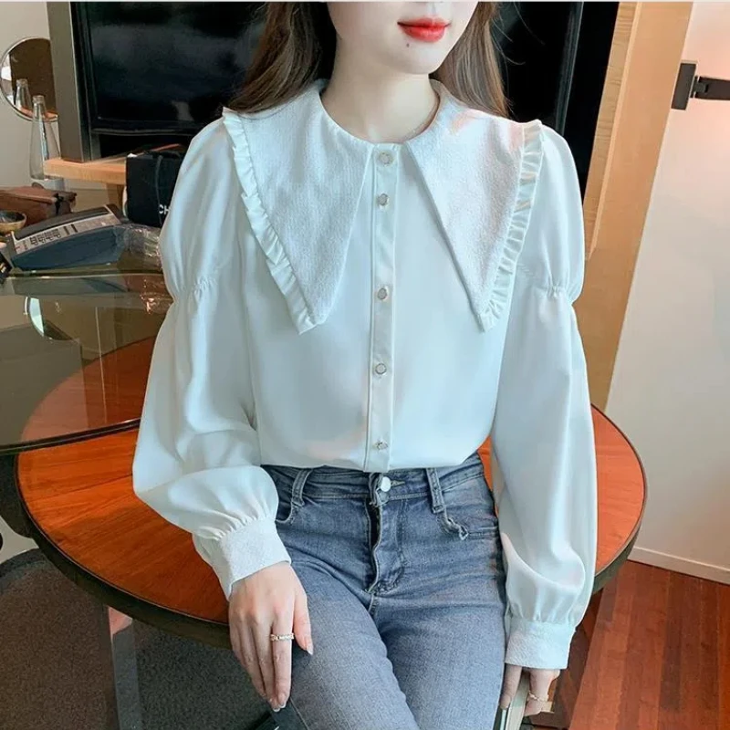 Ruffle Chiffon Peter Pan Collar Cute Elegant Shirt Tops Autumn Korean Style Fashion Puff Sleeve Loose Sweet Tops Casual Blouses