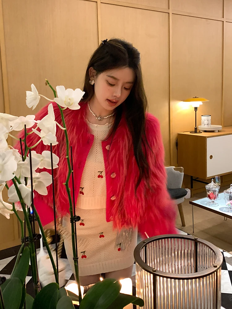 2025 nueva piel de zorro de imitación abrigo holgado mujer invierno joven tejido moda alta sociedad borla piel de mapache Chaqueta corta de cuero