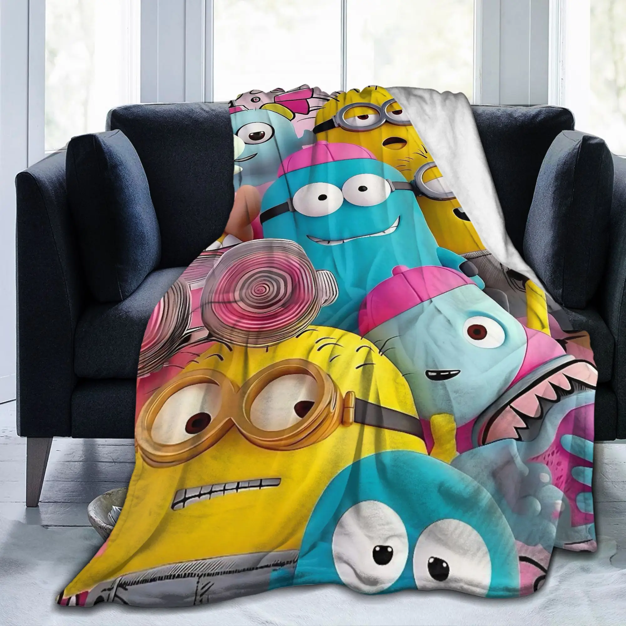 Cute Anime M-Miniones Blanket Flannel Spring Autumn  Portable Super Warm Throw Blanket for Home Outdoor Plush Thin Quilt