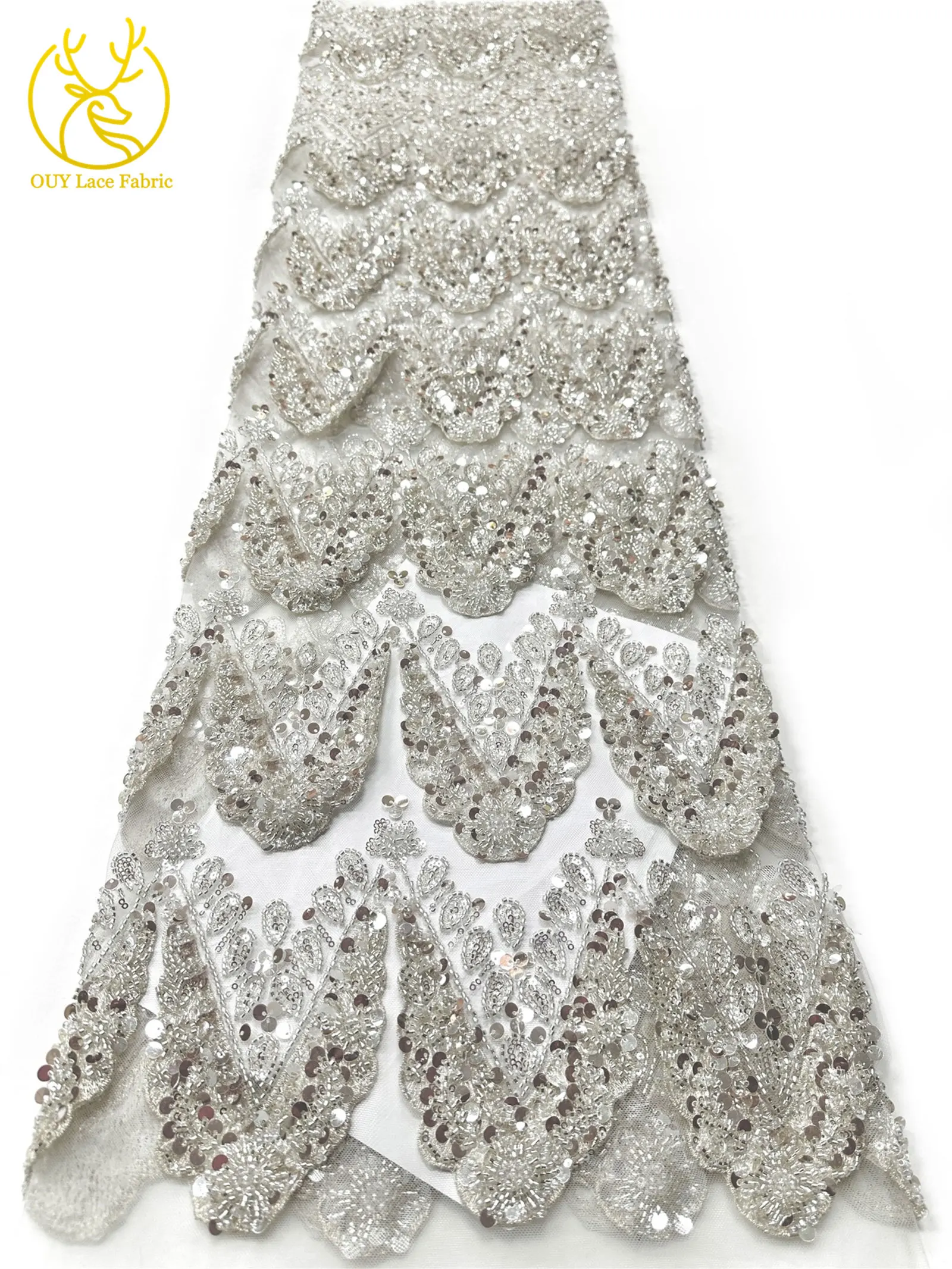 Hochwertiger luxuriöser französischer 3D-handbestickter Perlen-Spitzenstoff, 5 Yards, afrikanischer nigerianischer Pailletten-Spitzenstoff für Braut- und Partykleider – Detail 13