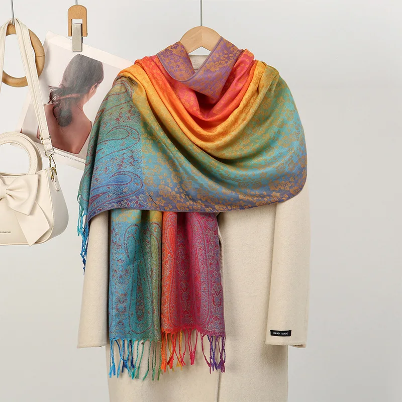 

Ethnic-style colorful cashew embroidery rainbow gradient fringe scarf shawl for women travel photography head wrap