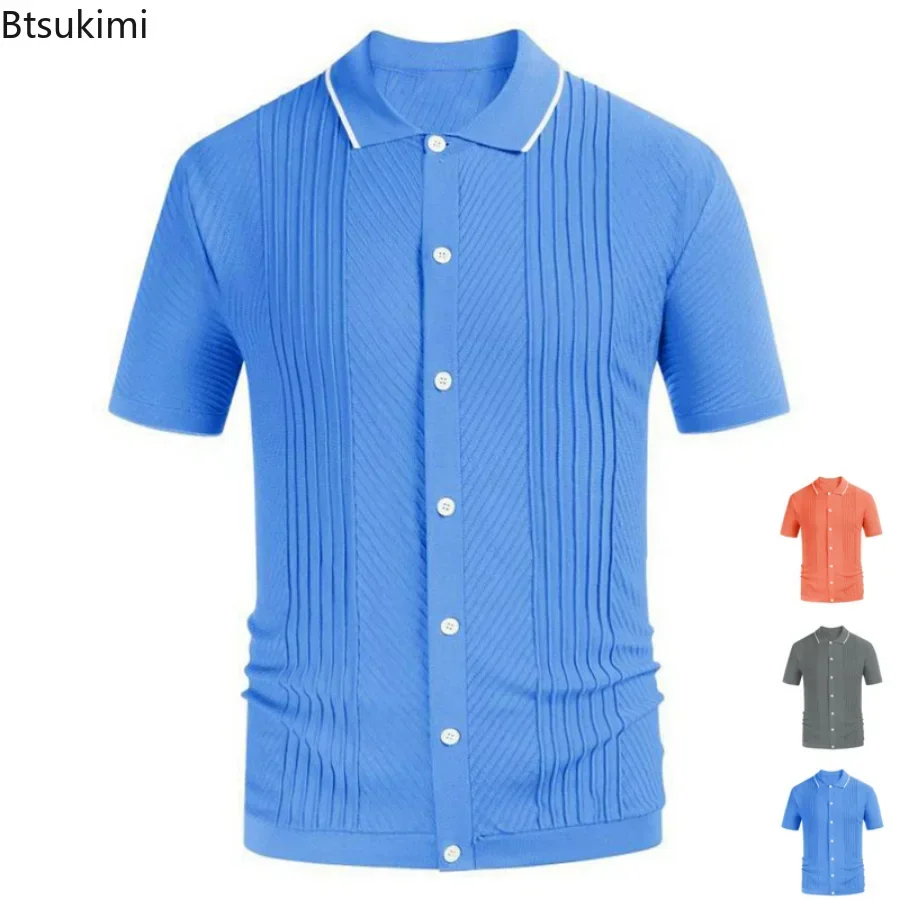 2025 Men's Summer Short Sleeve Polo Shirts Knitted Lapel Cardigan Top Stripe Stitching Men Polo Tee Shirt Fashion Camisa Hombre