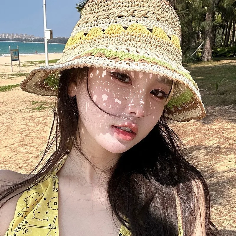 A new style of women's seaside vacation sunshade hat with multiple rainbows and hollowed-out designs fisherman's large brim