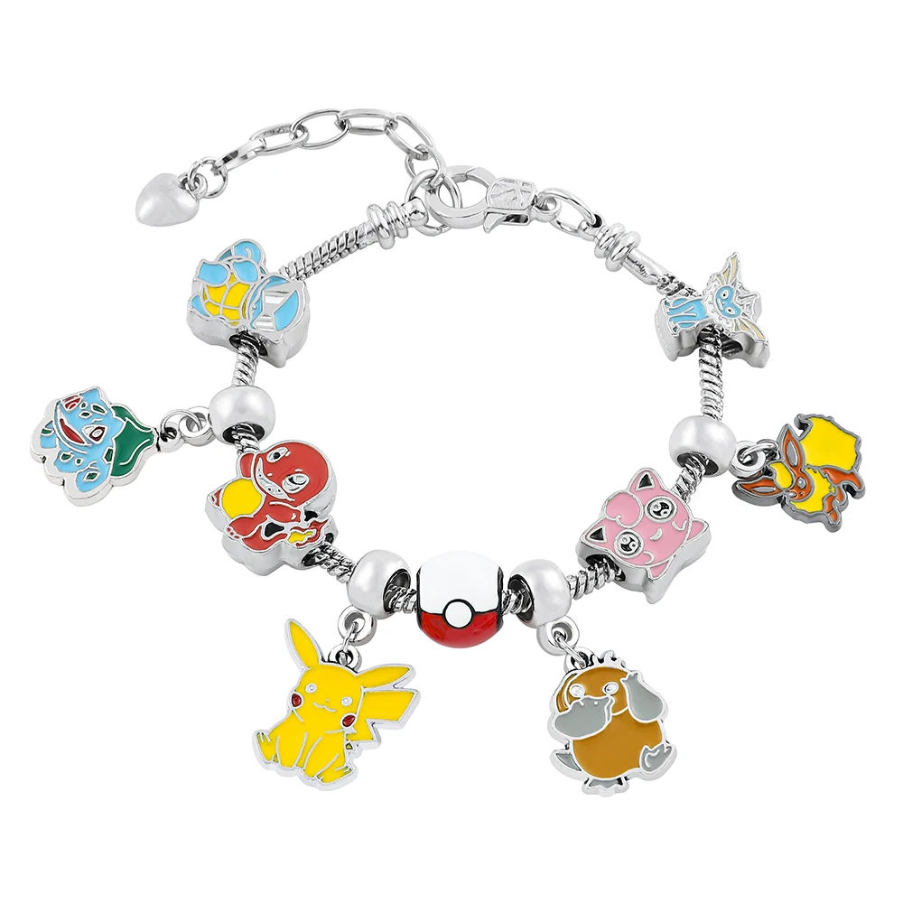 Anime Bracelet Pikachu Psyduck Charmander Enamel Charms Beaded Bracelet DIY Snake Chain Bangle Cartoon Jewelry Gift