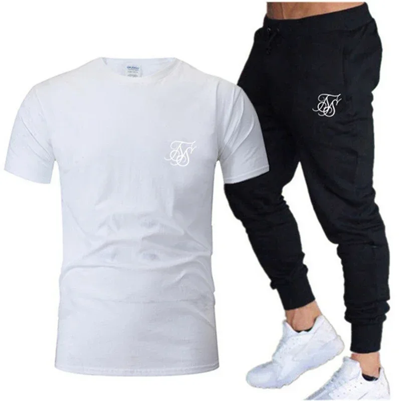 2024 New SikSilk Men\'s summer casual suit T-shirt + pants two casual sports suit men\'s sports fitness brand clothing sports suit