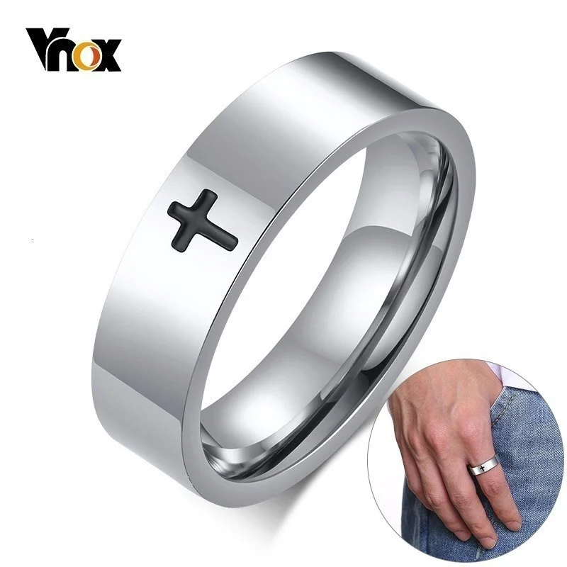 Vnox Simple Cross Ring for Women Men Plain Cut 4mm Glossy Stainless Steel Wedding Band Casual Unisex Religious Christ Accessory