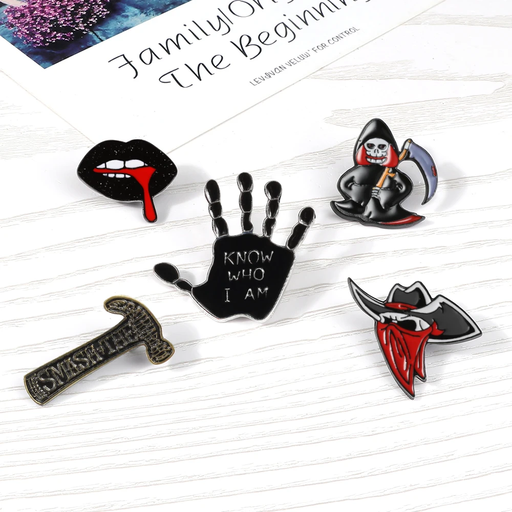 Punk Dark Horror Brooches Devil Hell Masked Pirate Enamel Pins Gesture Ax Lips Badges Backpack Denim Pin Creative Jewelry Gifts