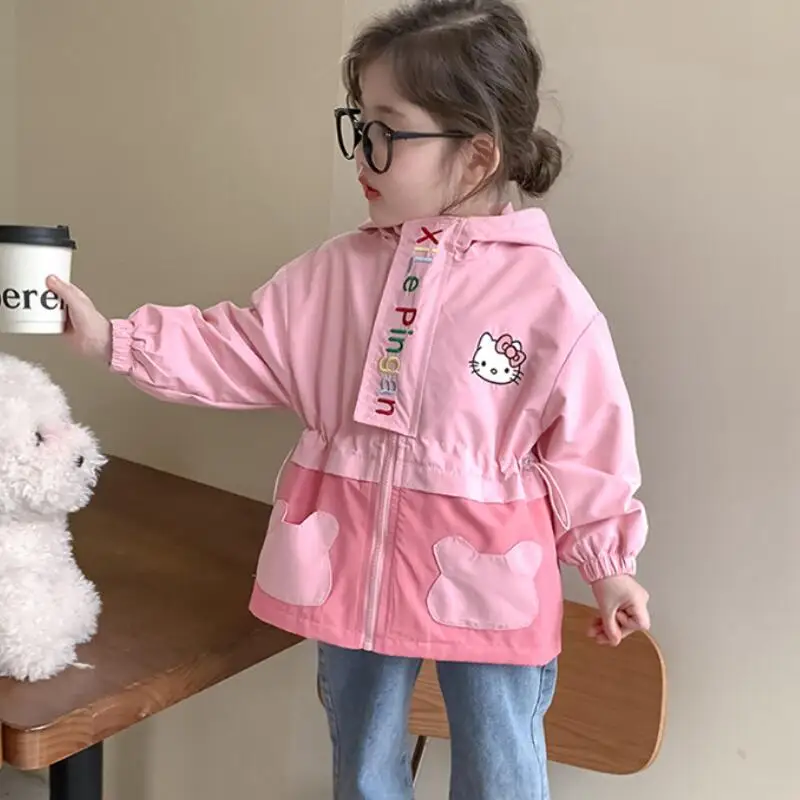 

Новая детская модная куртка Hello Kitty весна-осень в корейском стиле с капюшоном, вышитая, в стиле аниме, для девочек