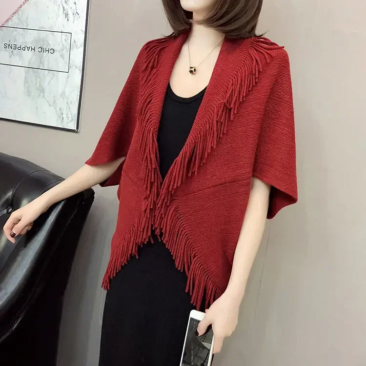 Black Women Spring Knit Tassels Open Stitch Lady Out Loose Coat Sweater Vest Party Scarf Over Cloth Top Shawl Cloak Cape Poncho