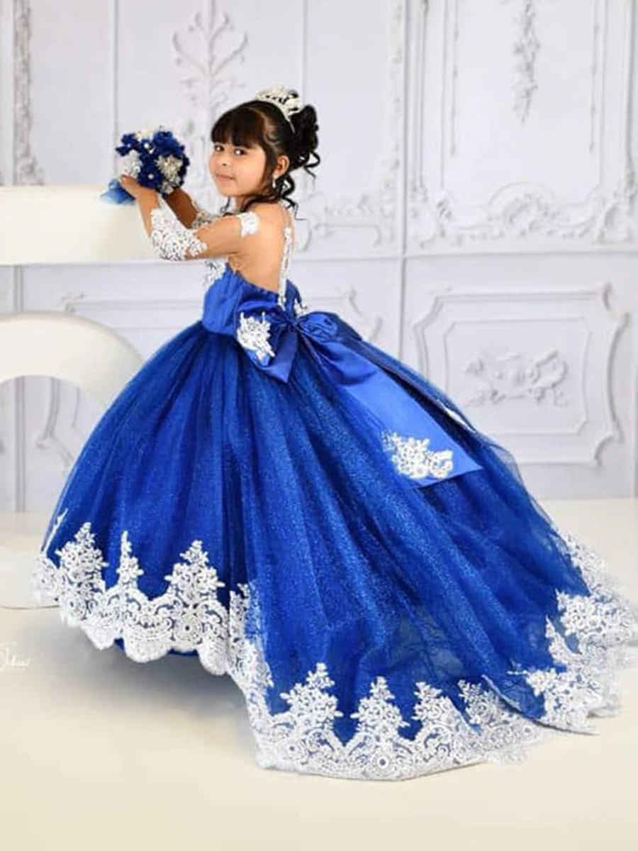 Robe de Rhbleue avec appliques en dentelle pour enfants, robe de demoiselle d'honneur, manches longues, longueur au sol, fête d'anniversaire, première communion, princesse