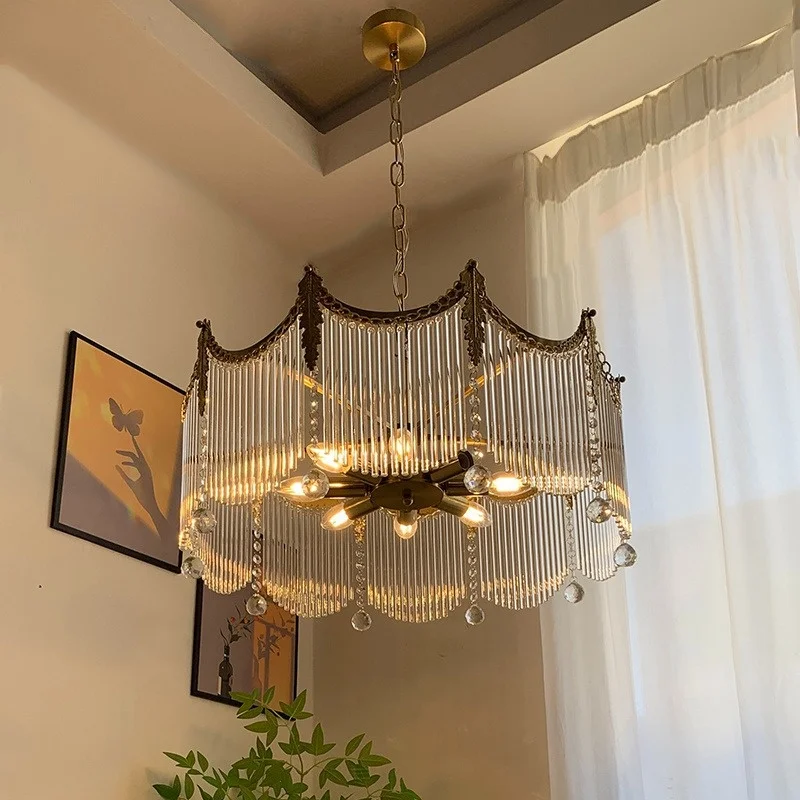 

French style light luxury retro round crystal glass strip living room pendant light dining room bedroom study crown light