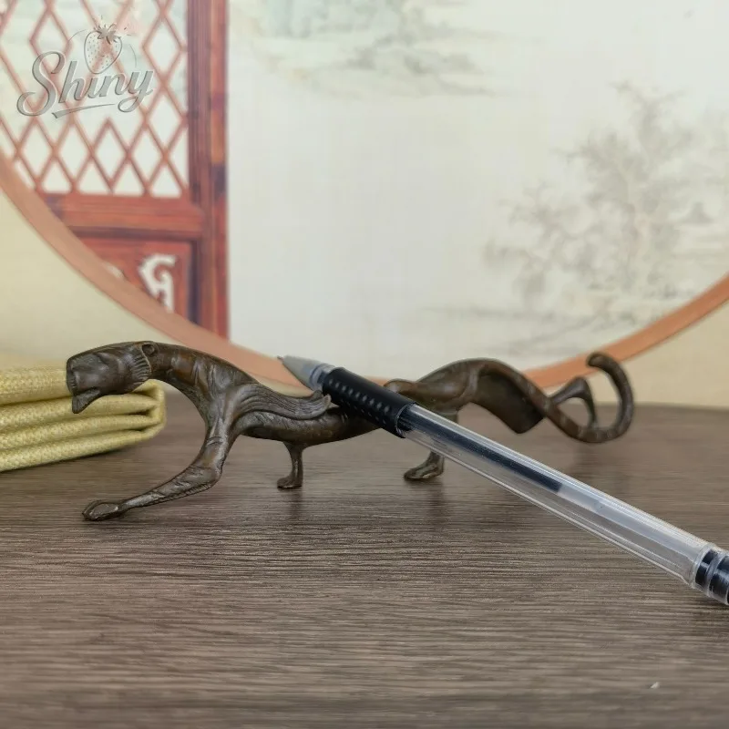 Copper Antique Tiger and Dragon Pen Holder Stationery Study Office Desk Decoration Pen Stand