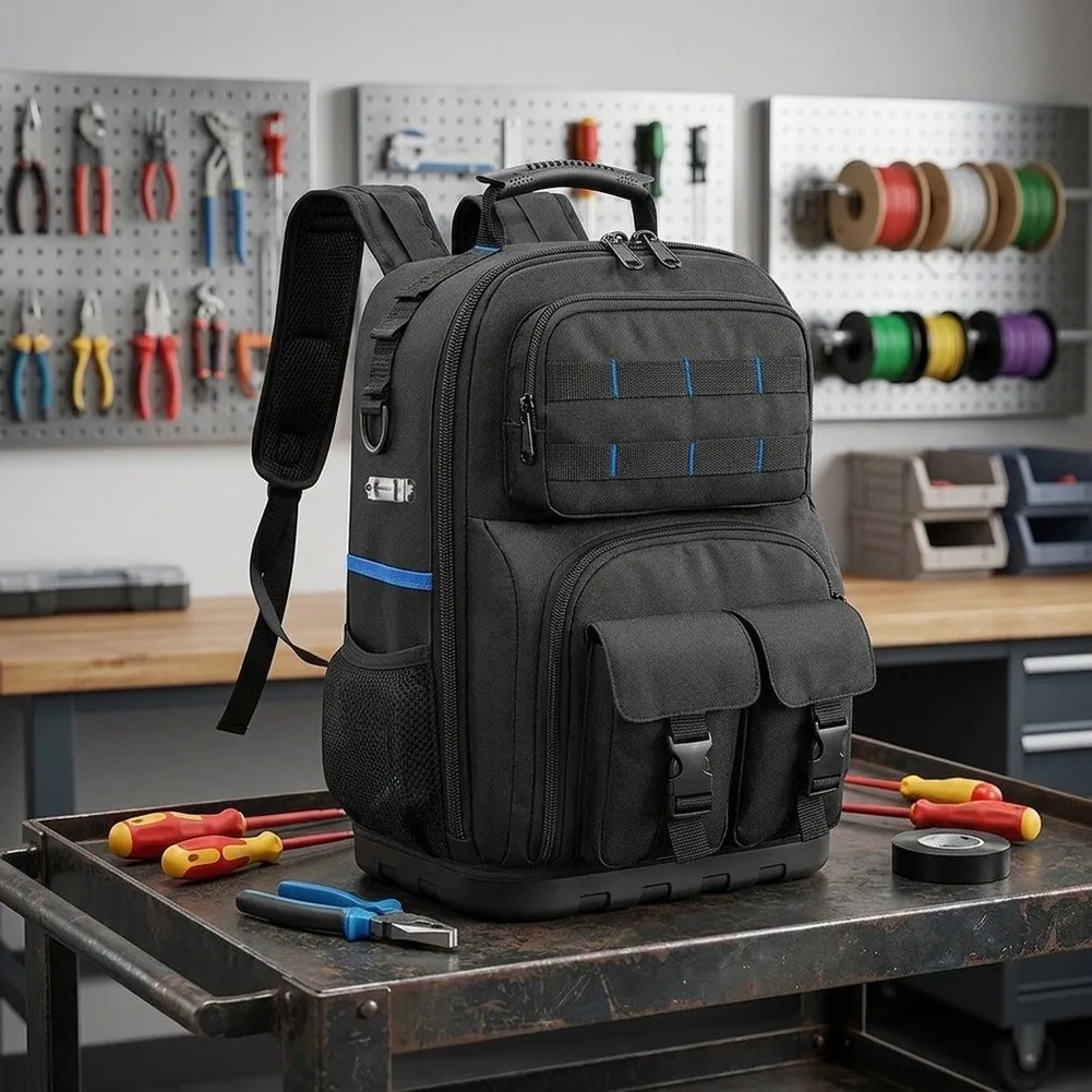 Backpack With Movable Base Plate Padded Storage Bag For Electricians Multiple Pockets Organizer Black 30x16x40cm