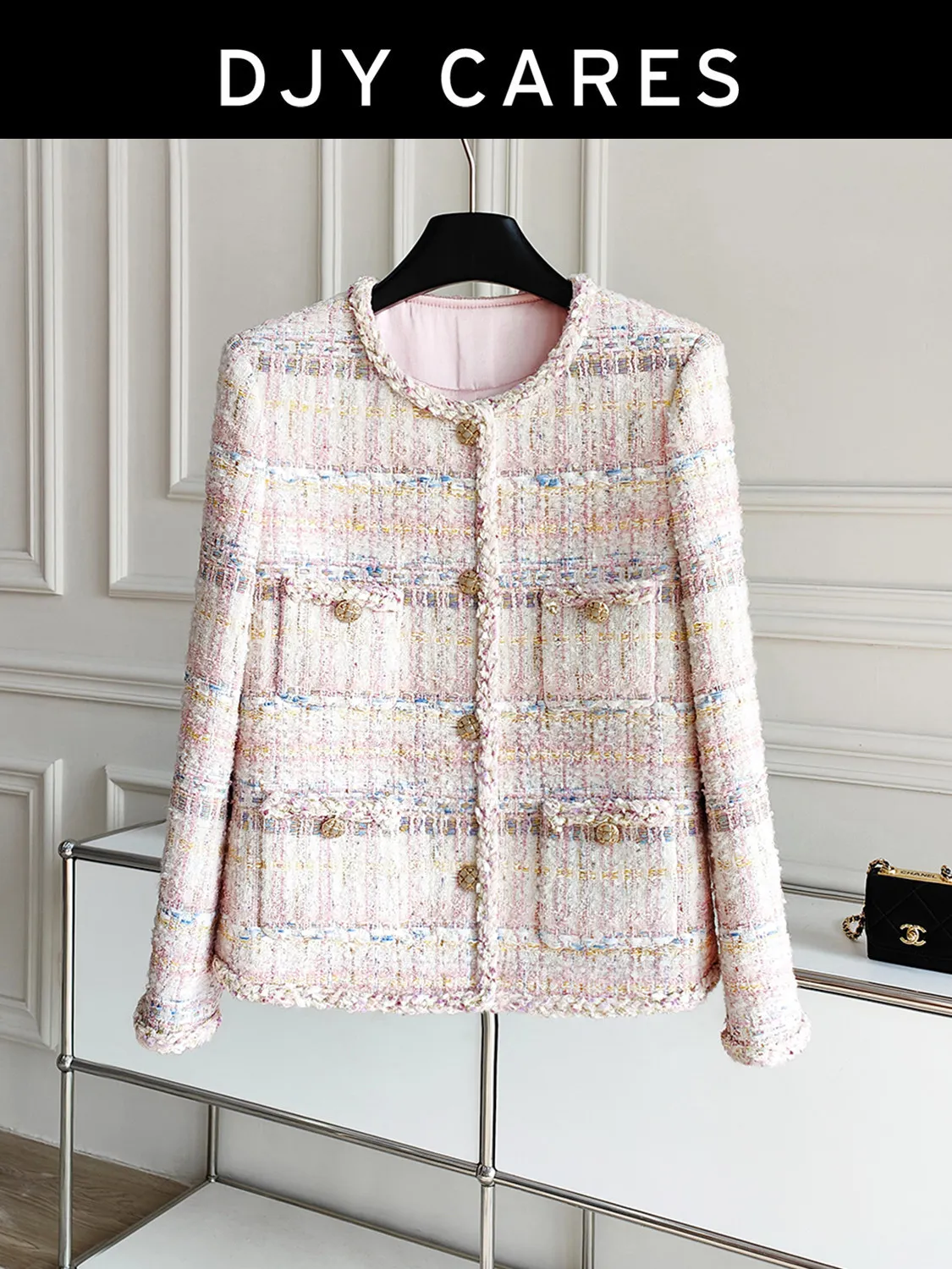 

New Pink round neck tweed jacket, versatile commuter top big size