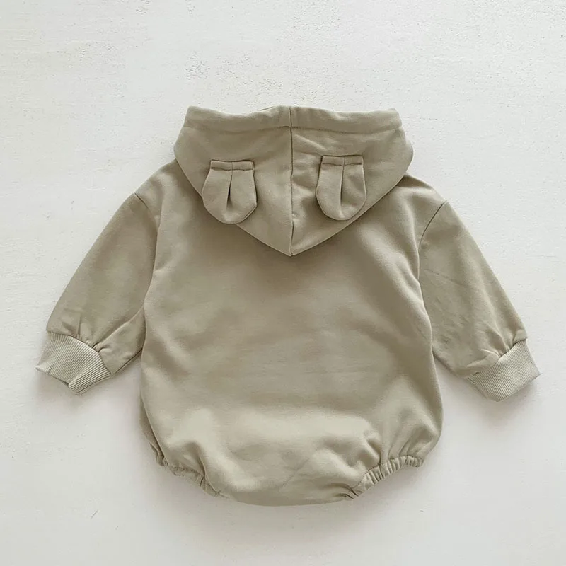 Autumn Spring Korean Style Toddler Baby Boys Girl Romper Long Sleeved Cotton Solid Color Hooded Newborn Baby Girl Boys Jumpsuit