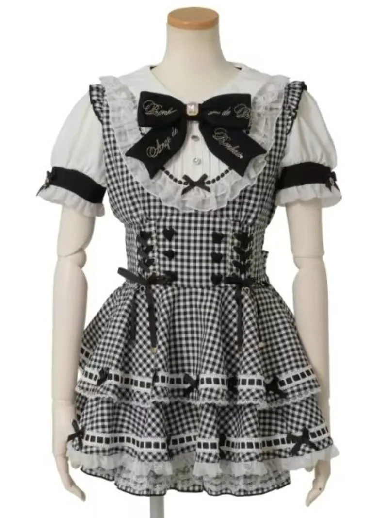 Kawaii Black White Gothic Lolita Dress Puff Short Sleeve Tiered Suspender Skirt Lace Bow Sweet Girly Jirai Kei Costume view 5